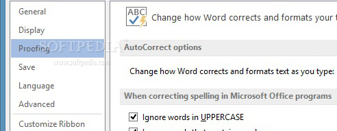 Showing the proofing options of MS Word 2013